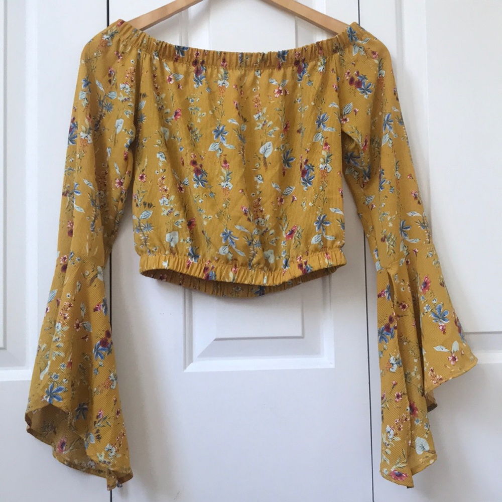 Yellow Floral Long Sleeve Crop Top